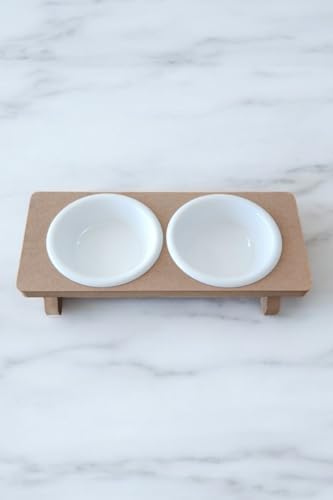 Ahşap Demonte 2 Plastik Taslı Kedi Mama Ve Su Kabı BEYAZ