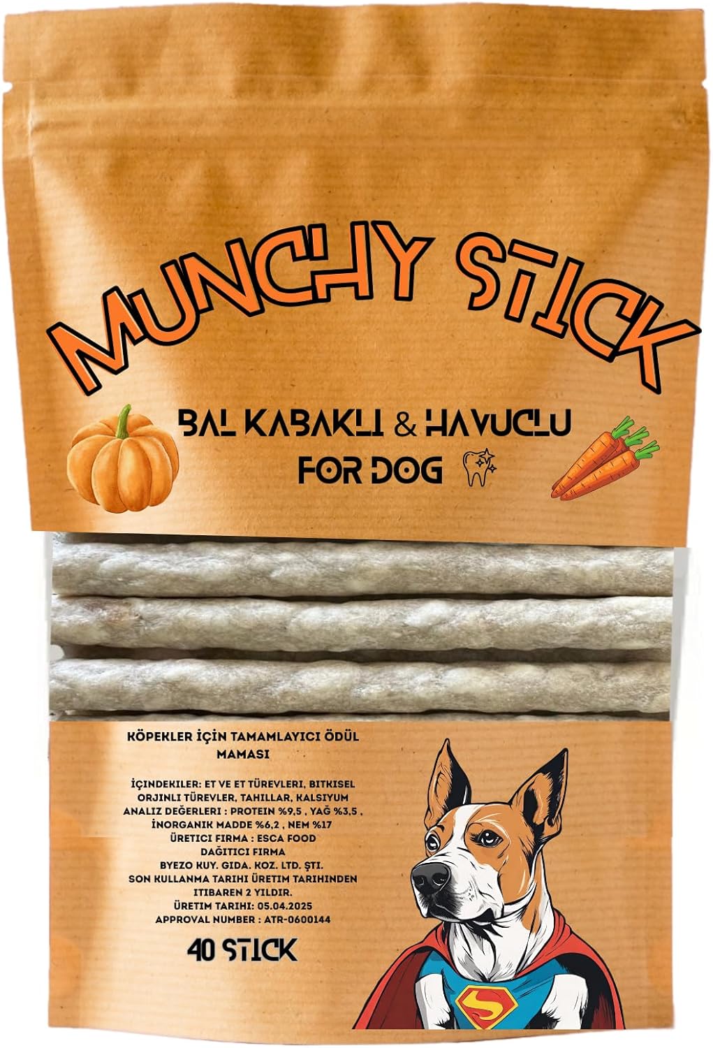 Doğal Balkabaklı Havuçlu Köpek Ödül Maması, Köpek Çiğneme Çubuğu 40 Adet Maxi Paket