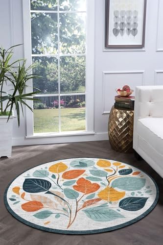 Dizayn Leaf Modern Desenli Şönil Pamuk Tabanlı Yıkanabilir Kaymaz Antibakteriyel Yuvarlak Salon Halısı 100x100