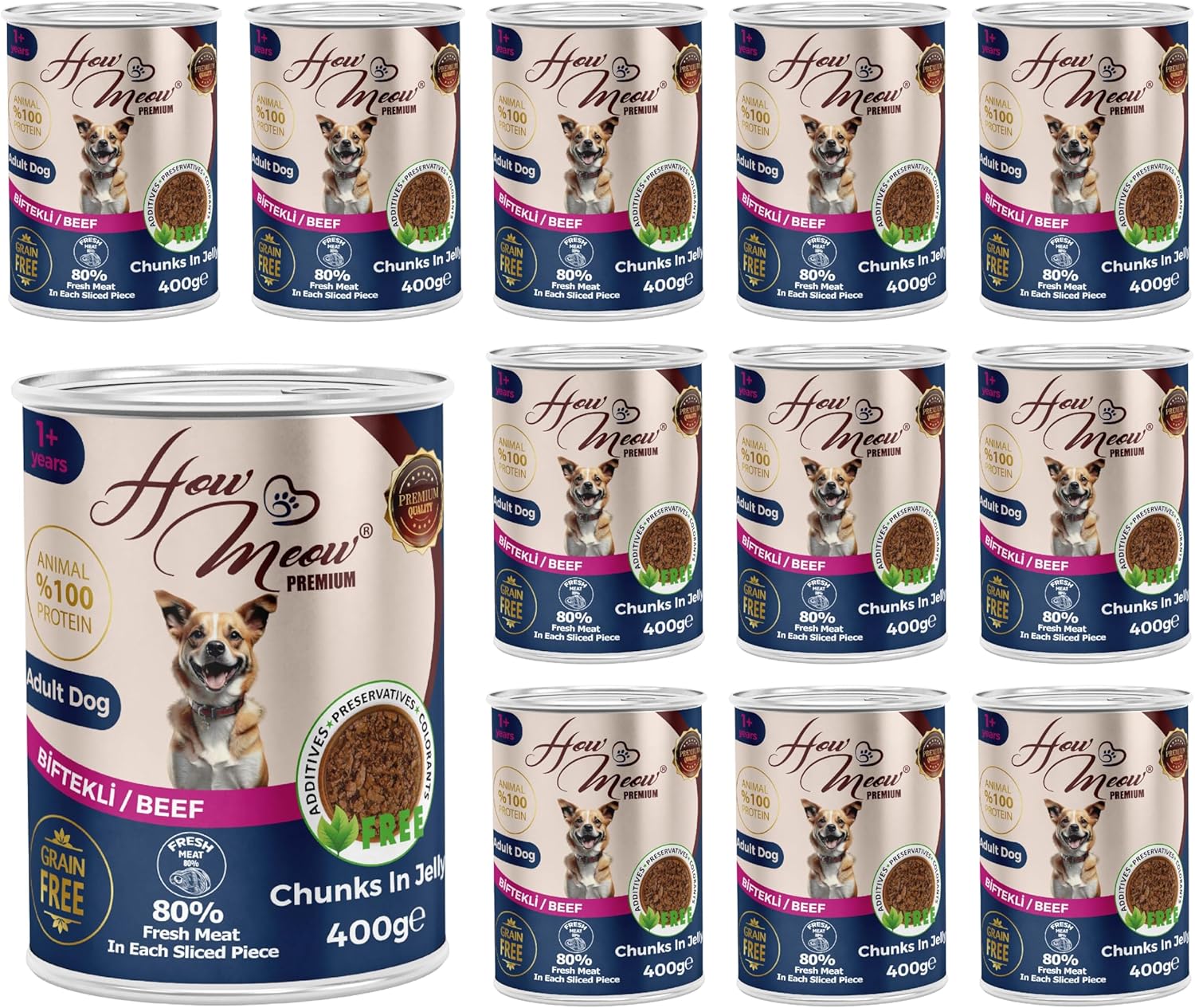 How Meow Yetişkin Köpek Biftekli ve Jöleli Konserve Mama 400 Gr x 12 adet