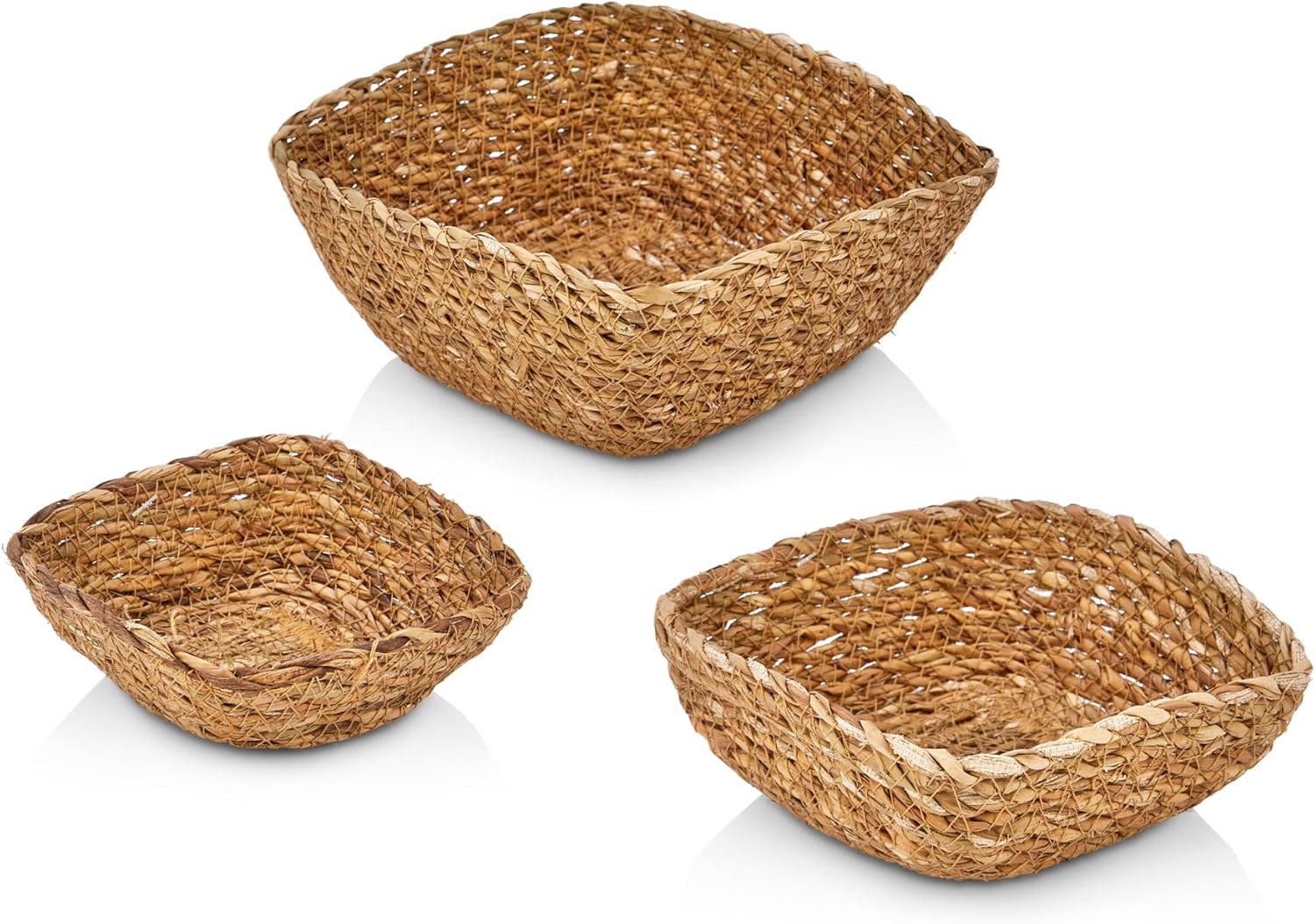 3'lü El Yapımı Hasır Kare Dekoratif Çerezlik Meyvelik, Dekoratif Amaçlı Mini Hasır Sepetler (16cm*16cm*7cm-14cm*14cm*6cm-12cm*12cm*5cm)