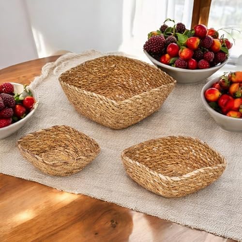 Alternative view of 3'lü El Yapımı Hasır Kare Dekoratif Çerezlik Meyvelik, Dekoratif Amaçlı Mini Hasır Sepetler (16cm*16cm*7cm-14cm*14cm*6cm-12cm*12cm*5cm)