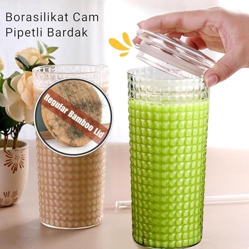 Alternative view of Desenli Borosilikat Pipetli Cam Bardak, 550 ml, Kapaklı ve Pipetli, Soğuk İçecekler İçin Kupa Mug