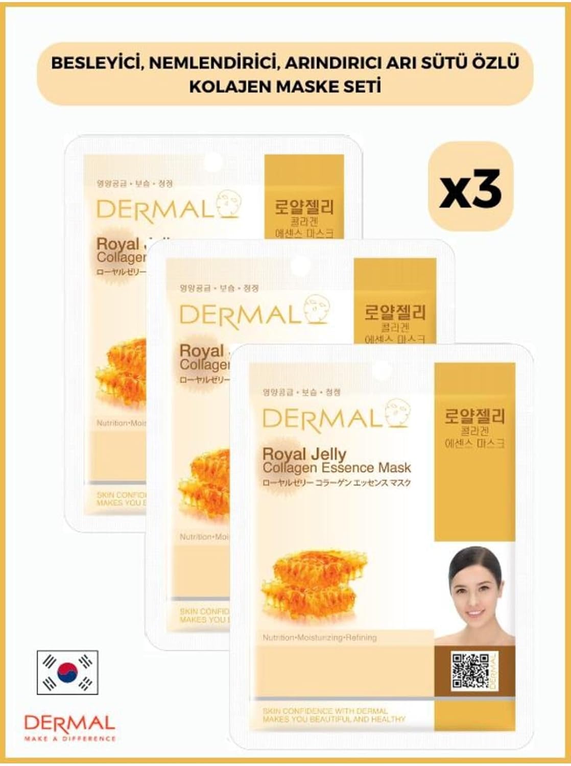 Dermal Besleyici, Nemlendirici, Arındırıcı Arı Sütü Özlü Kolajen Maske 23 gr 3 Adet