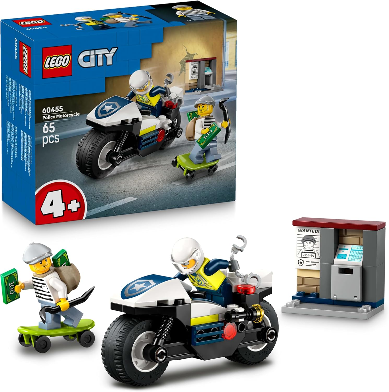 Alternative view of City Motosikleti Takibi 60455-4 Yaş Üzeri Kız ve Erkek Çocuklar için Motosikleti Oyuncağı, Hırsız Kaçış Kaykayı ve Mini Açılabilir ATM İçeren Yaratıcı Oyuncak Yapım Seti (65 Parça)