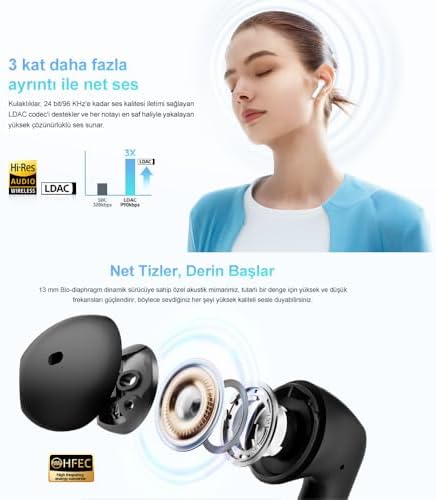 QCY AilyBuds E10 Bluetooth Kulaklık - HiRes - LDAC - Çift Cihaz - Oyun Modu 4 Mics ENC Kulakiçi Kulaklık Siyah