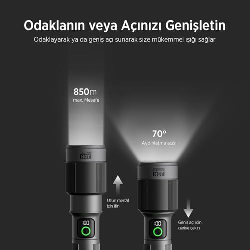Bix Flashlight BX5101FL 60W LED, Max. 2300 Lümen Parlaklık ve 850 Metreye Kadar Uzun Menzilli, Şarj Edilebilir, LED Güç Göstergeli ve Çok Modlu Kamp Acil Durum için Kompakt El Feneri