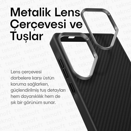 Galaxy S25 Ultra için Karbon Serisi Ultra Güçlü Metal Tuşlu ve Lens Çerçeveli Darbe Emici Karbon Fiber Görünümlü Silikon Kılıf (Siyah, Galaxy S25 Ultra)
