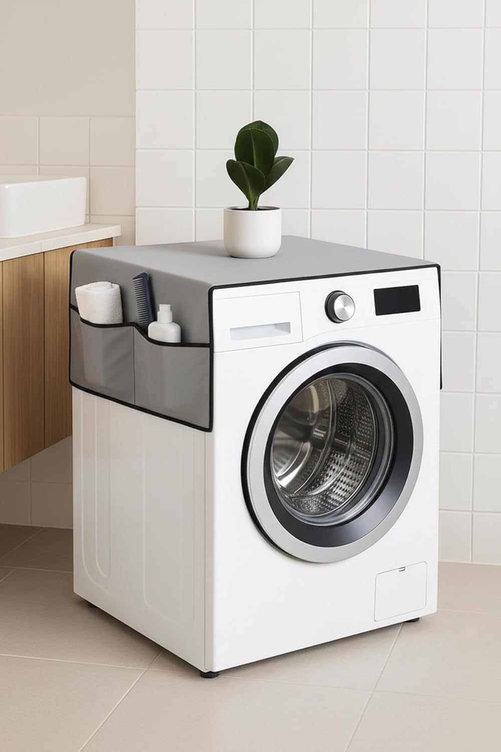 Çamaşır Makinesi Koruyucu Örtü 4 Cepli Banyo Düzenleyici Organizer Su Geçirmez Örtü (Gri)