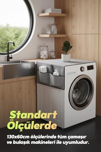 Alternative view of Çamaşır Makinesi Koruyucu Örtü 4 Cepli Banyo Düzenleyici Organizer Su Geçirmez Örtü (Gri)