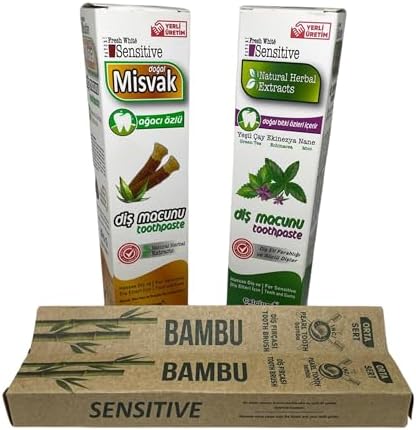 DİŞ BAKIM SETİ SENSITIVE DİŞ MACUNU MİSVAK AĞACI ÖZLÜ, ALOE VERA VE PROPOLİS EKSTRAKTLI - SENSITIVE HERBAL DİŞ MACUNU YEŞİLÇAY, EKİNEZYA, NANE EKSTRAKTLI - 2 ADET BAMBU DİŞ FIRÇASI