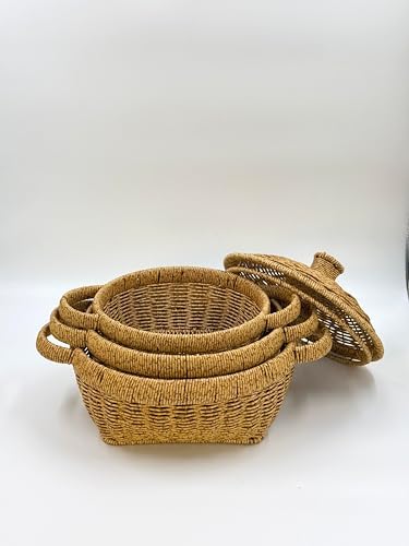Hasır Görünümlü Plastik Örgülü Tencere Şeklinde Kapaklı Sepet – Çok Amaçlı Organizer, Saklama Sepeti, Dekoratif Kapaklı Sele, Mutfak ve Banyo İçin Şık ve Fonksiyonel Saklama (35x26x11 Cm)