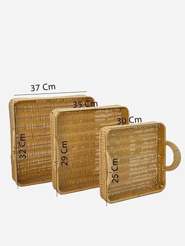 Alternative view of 3'lü Hasır Görünümlü Tepsi Seti – Sunumluk ve Dekoratif Hasır Sepet Tepsi, Şık ve Estetik Servis Tepsisi, Mutfak ve Sofra İçin Dayanıklı Plastik Örgü (Sütlü Kahve Kulplu Kare)