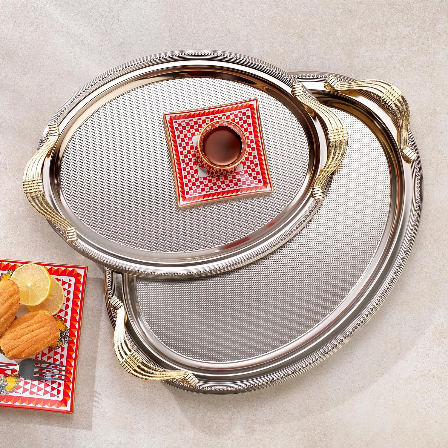 Ela 2 li Oval Çay Tepsisi-Platin01