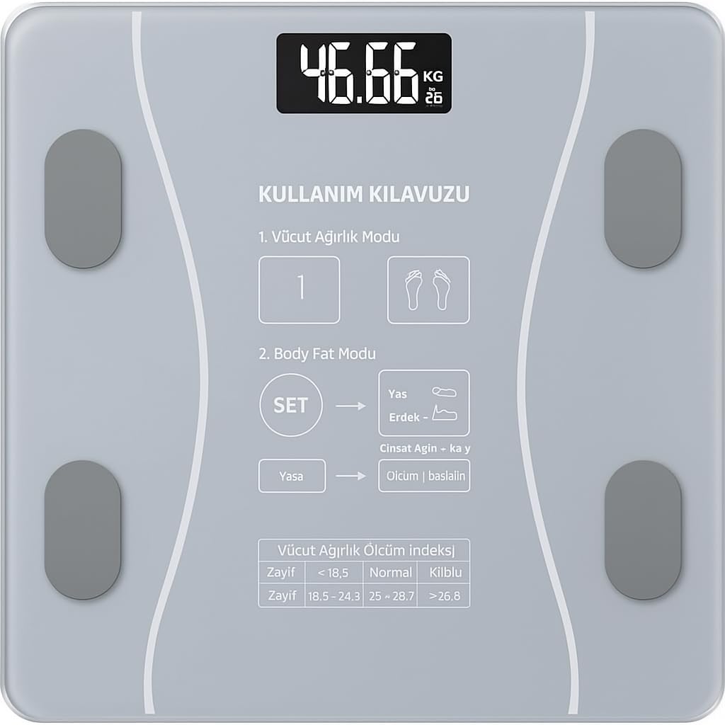 Akıllı Bluetooth Tartı – Vücut Yağ, Kas, Su, BMI Ölçümü | & iOS Uyumlu | Uygulama Destekli | 13 Ölçüm | Temperli Cam | Şık ve Kaymaz Tasarım