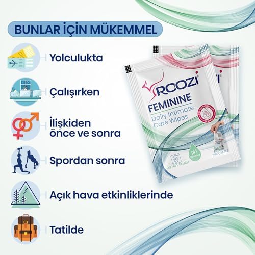 Roozi Kadın İntim Mendilleri – Vajinal Sağlığı Destekler – pH Dengeli, Aloe İçerikli, Hareket Halinde Hijyen, Koku Giderir – Genital Temizlik Mendilleri – 20li Ayrı Paketlenmiş Mendil