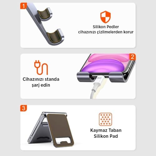 Alüminyum Katlanabilir Metal Masaüstü Telefon Tutucu Standı Gümüş