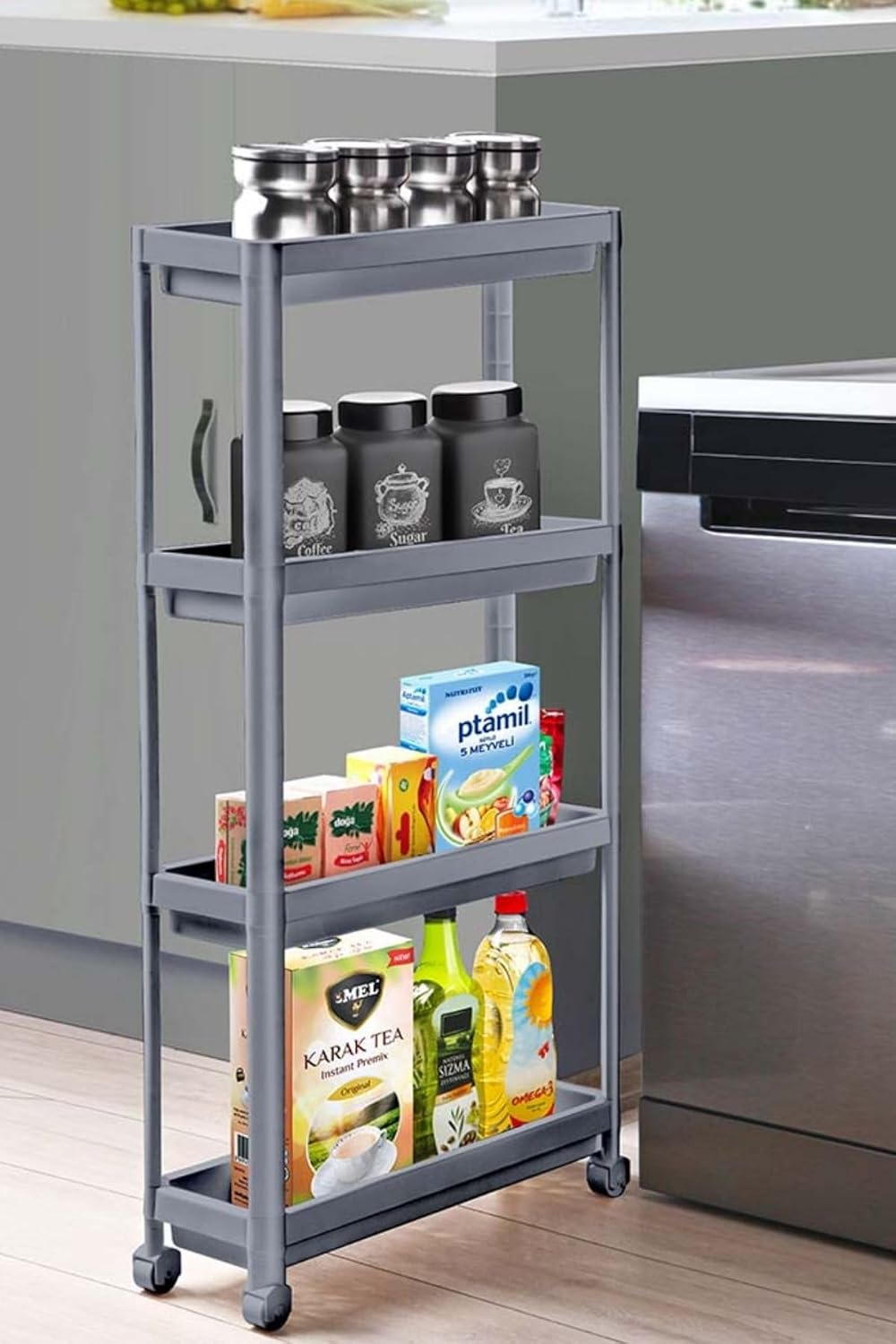 Alternative view of Slim 4 Katlı Tekerlekli Raf Ünitesi - Dar Alanlar İçin Mutfak & Banyo Organizer - Baharatlık & Havluluk Düzenleyici (GRİ)