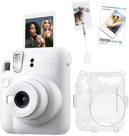 mini 12 Beyaz Fotoğraf Makinesi-10'lu Film-Kıskaçlı Resim Standı ve Simli Pleksi Kılıf Seti