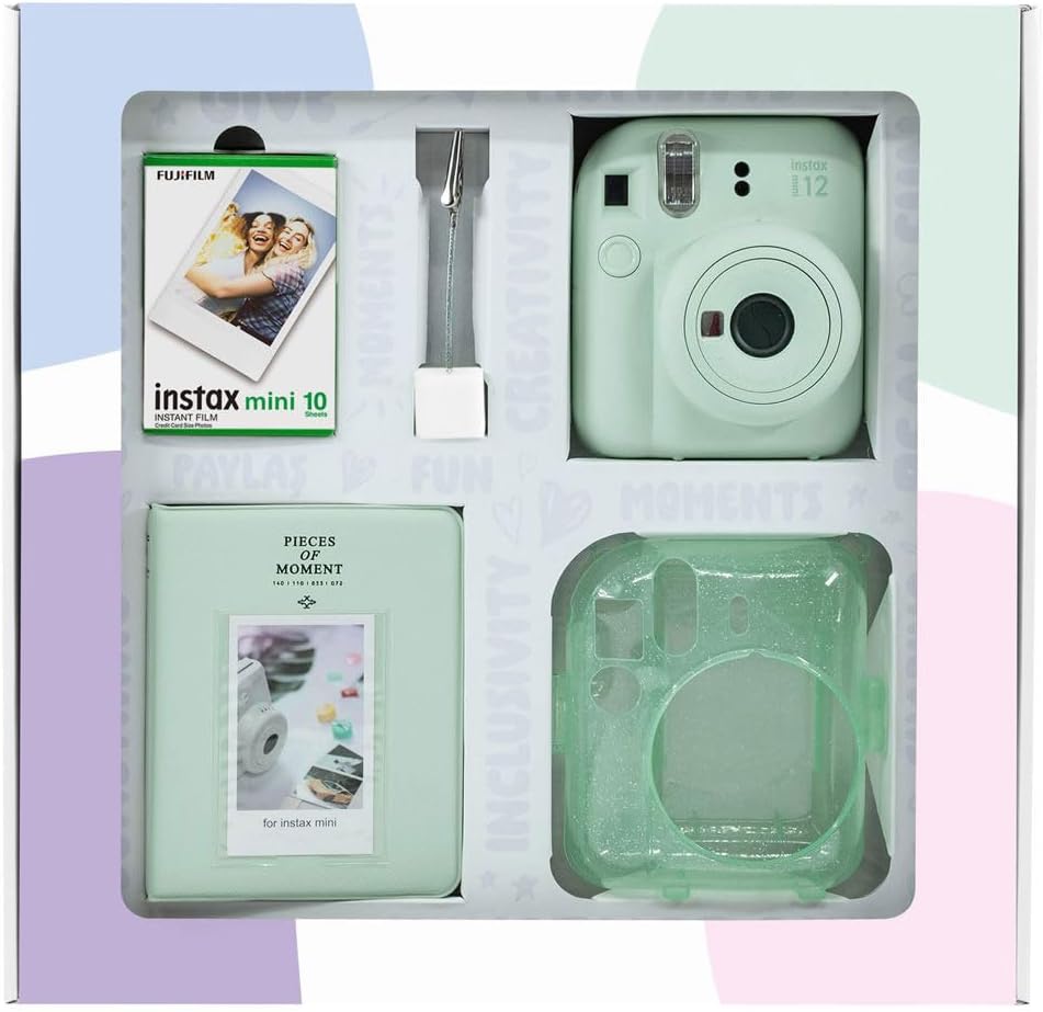 mini 12 Yeşil Fotoğraf Makinesi 10'lu Film Simli Pleksi Kılıf PVC Albüm ve Kıskaçlı Resim Standı Bundle Box
