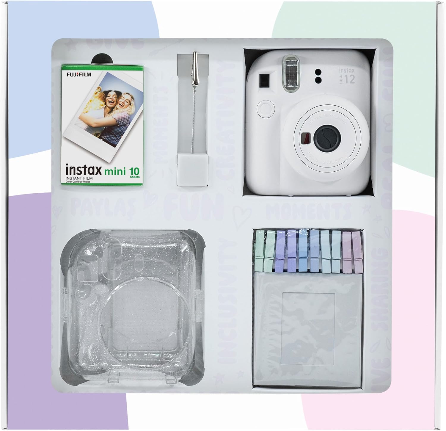 Alternative view of mini 12 Beyaz Fotoğraf Makinesi 10'lu Film Simli Pleksi Kılıf Mandal ve Kıskaçlı Resim Standı Bundle Box