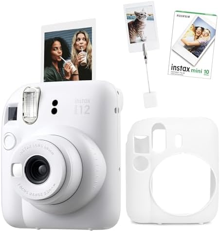mini 12 Beyaz Fotoğraf Makinesi-10'lu Film-Kıskaçlı Resim Standı ve Silikon Kılıf Seti