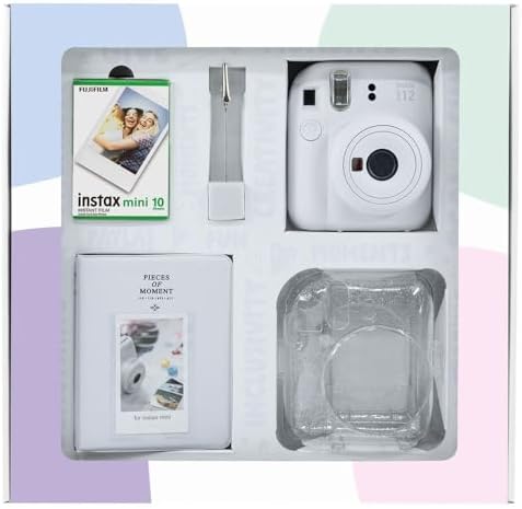 mini 12 Beyaz Fotoğraf Makinesi 10'lu Film Simli Pleksi Kılıf PVC Albüm ve Kıskaçlı Resim Standı Bundle Box