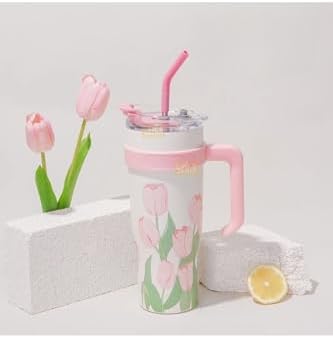 1200ml Pembe Lale Desenli Tumbler Pipetli/Pipetsiz Kulplu Paslanmaz Çelik Termos