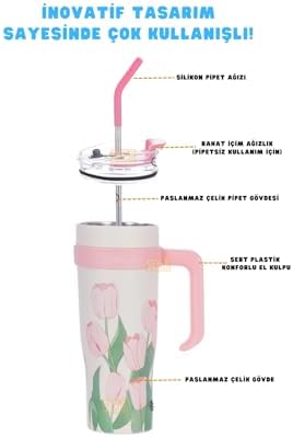 Alternative view of 1200ml Pembe Lale Desenli Tumbler Pipetli/Pipetsiz Kulplu Paslanmaz Çelik Termos