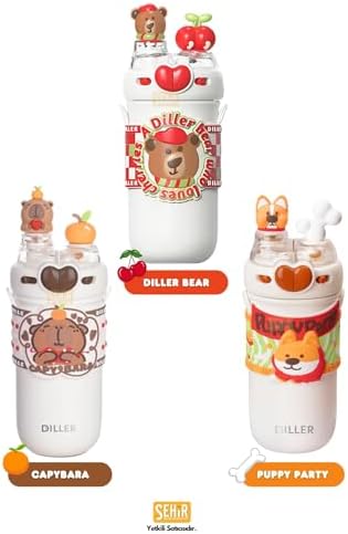 520ml Sevimli Hayvanlar Süslü Pipetli/Pipetsiz Boyun Askılı Paslanmaz Çelik Termos