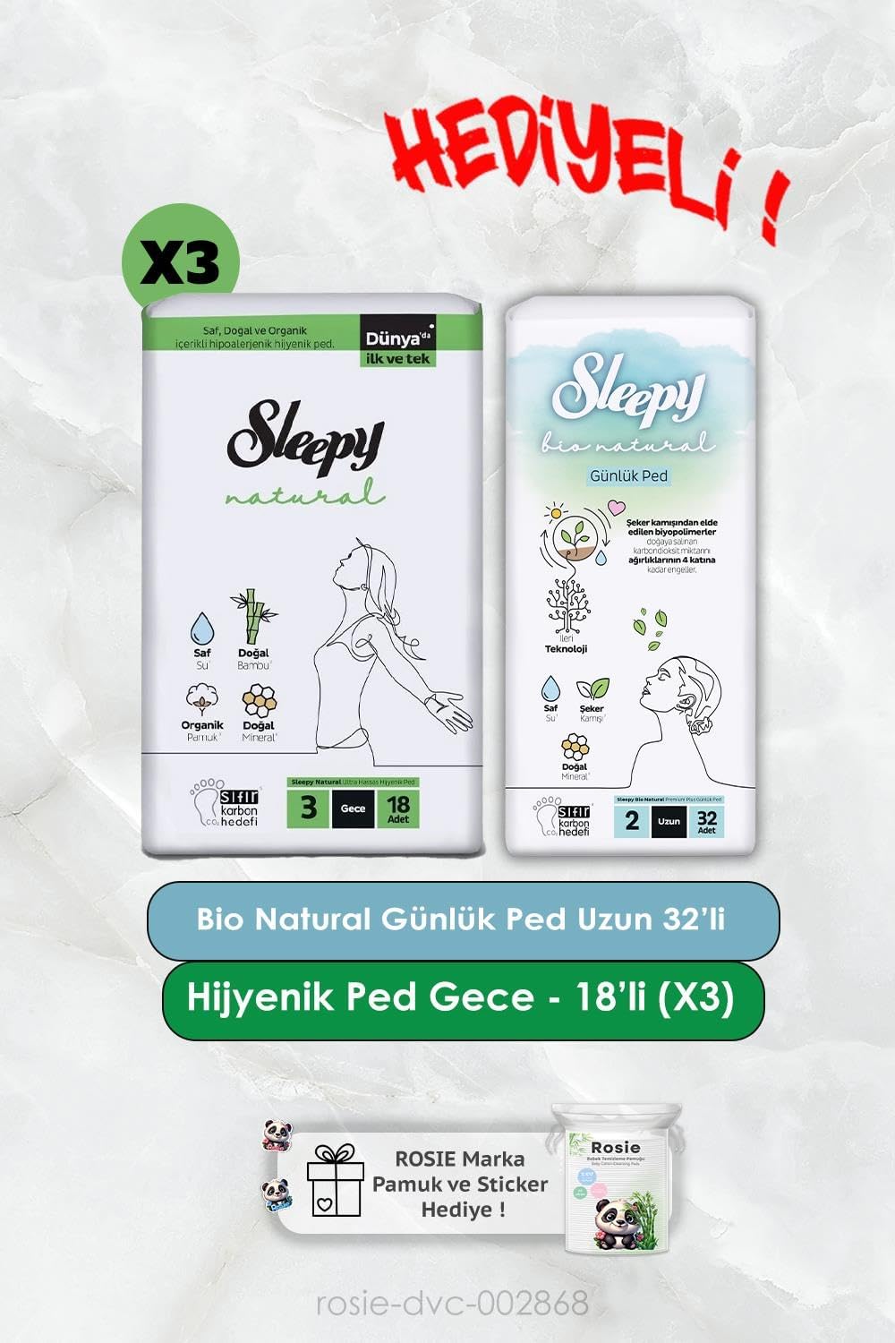Alternative view of 32'li Bio Natural Uzun Günlük Ped ve Ultra Hassas Gece 18'li X3 Rosie Hediye