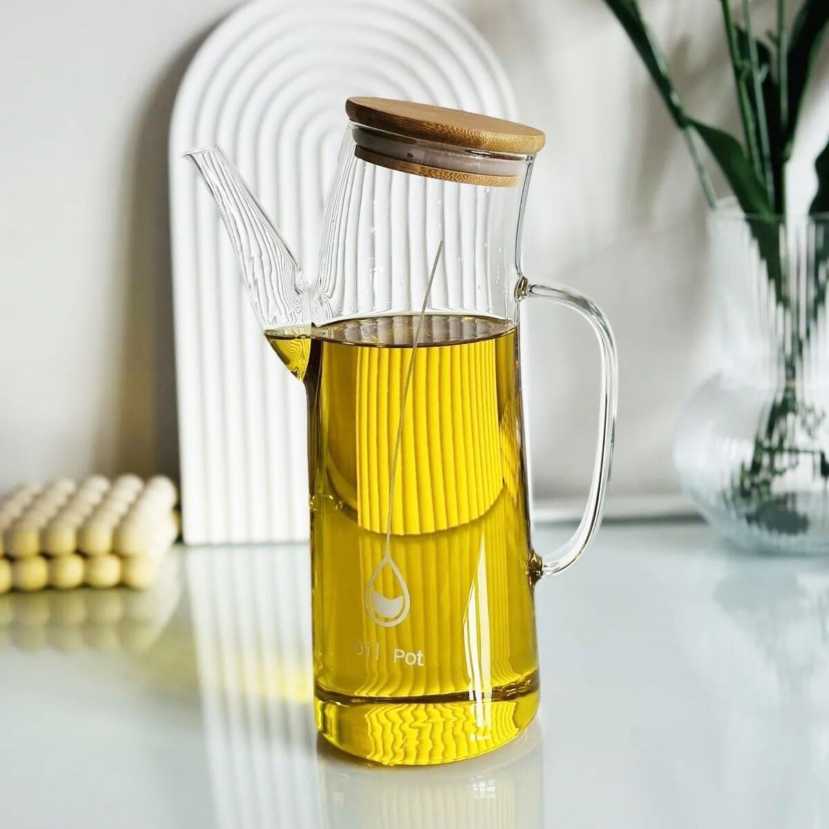 Bambu Kapklı Borosilikat Cam Yağlık & Sirkelik – 1 Litre | Dayanıklı & Sızdırmaz Tasarım | Bambu Kapaklı Şeffaf Cam Yağdanlık – 1000ml
