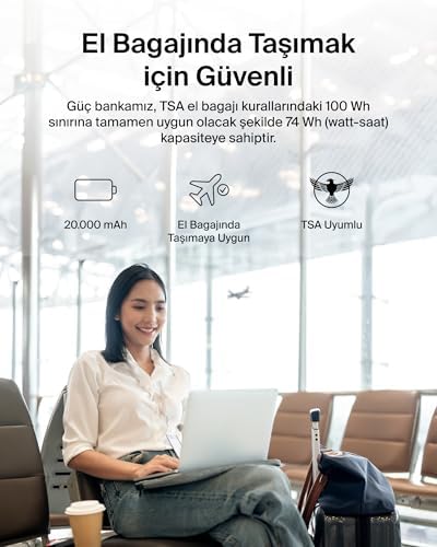 Taşınabilir Şarj Cihazı, 20K Entegre Kablolu Taşınabilir, 30 W Güç İletimli Hızlı Şarj, USB-C, 17, iPad Pro, Galaxy S25 Serisi ve Daha Fazlası, Mavi