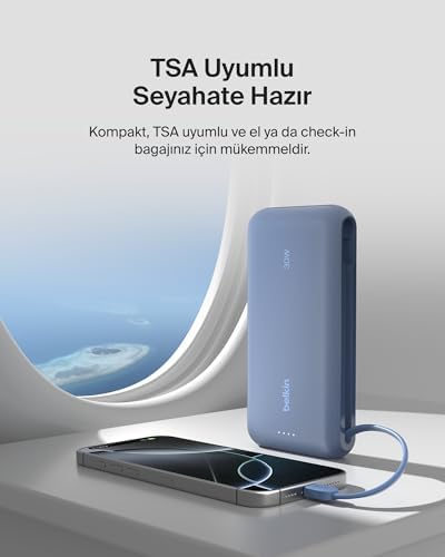 Alternative view of Taşınabilir Şarj Cihazı, 20K Entegre Kablolu Taşınabilir, 30 W Güç İletimli Hızlı Şarj, USB-C, 17, iPad Pro, Galaxy S25 Serisi ve Daha Fazlası, Mavi