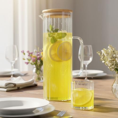 1000ml Bambu Kapaklı Borosilikat Cam Yağlık & Sürahi – Şık, Dayanıklı ve Sağlıklı Saklama Çözümü (8cm x 20cm)