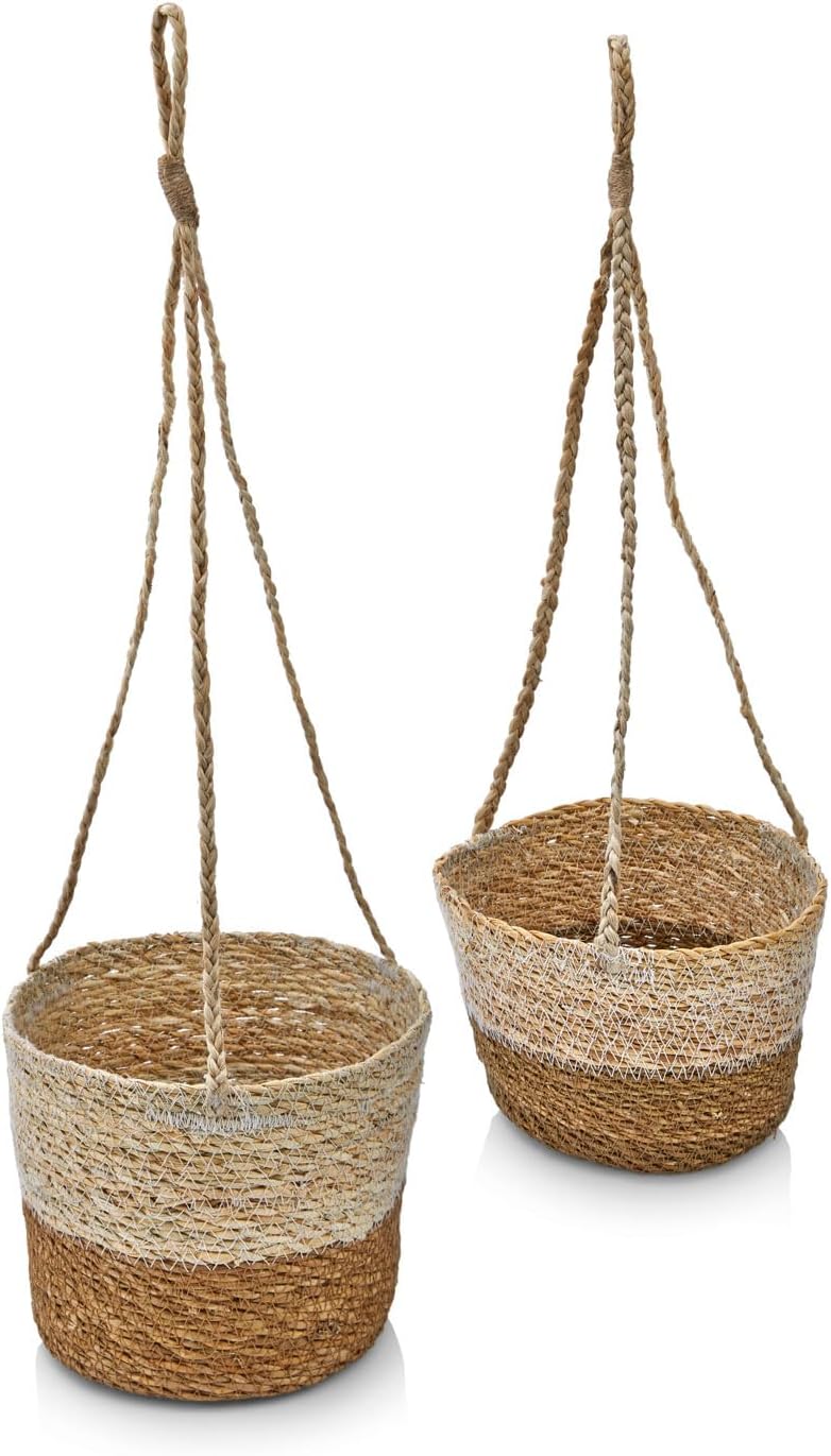 Alternative view of 2'li Asılabilir El Yapımı ve Doğal Çift Renk Yuvarlak Hasır Saksılık Seti, 2'li İpli Asılabilir Hasır Yuvarlak Saksı Seti (23cm*18cm-20cm*15cm)