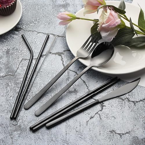 8 Parça Çantalı Yolculuk Çatal Bıçak Kaşık Pipet Chopstick Seti Kamp Okul Ofis Tatil Paslanmaz Çelik Siyah