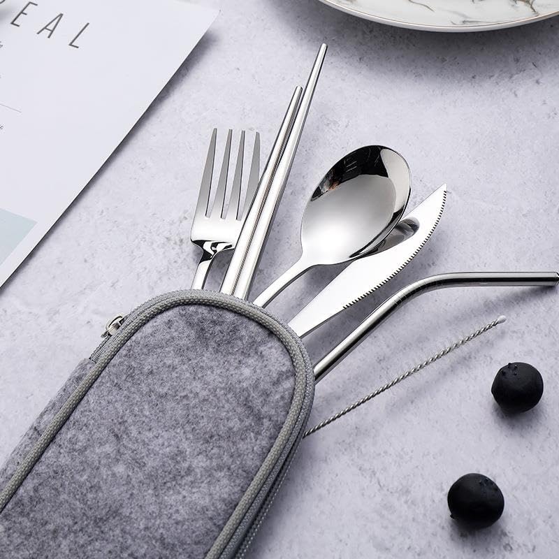 8 Parça Çantalı Yolculuk Çatal Bıçak Kaşık Pipet Chopstick Seti Kamp Okul Ofis Tatil Paslanmaz Çelik Metal