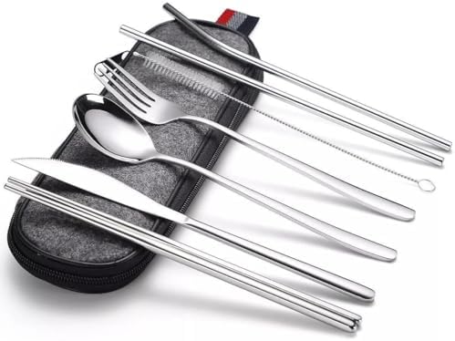 Alternative view of 8 Parça Çantalı Yolculuk Çatal Bıçak Kaşık Pipet Chopstick Seti Kamp Okul Ofis Tatil Paslanmaz Çelik Metal