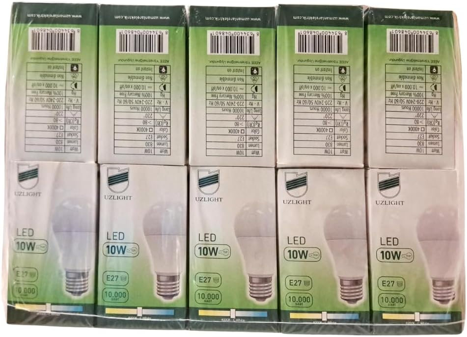 10'lu 10W A60 E27 4000K Gün Işığı Led Ampul