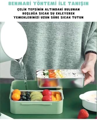 Bento 1100ml Lunchbox Tek Katlı 2 Bölmeli Paslanmaz Çelik Sefer Tası Yemek Kutusu (Yeşil)