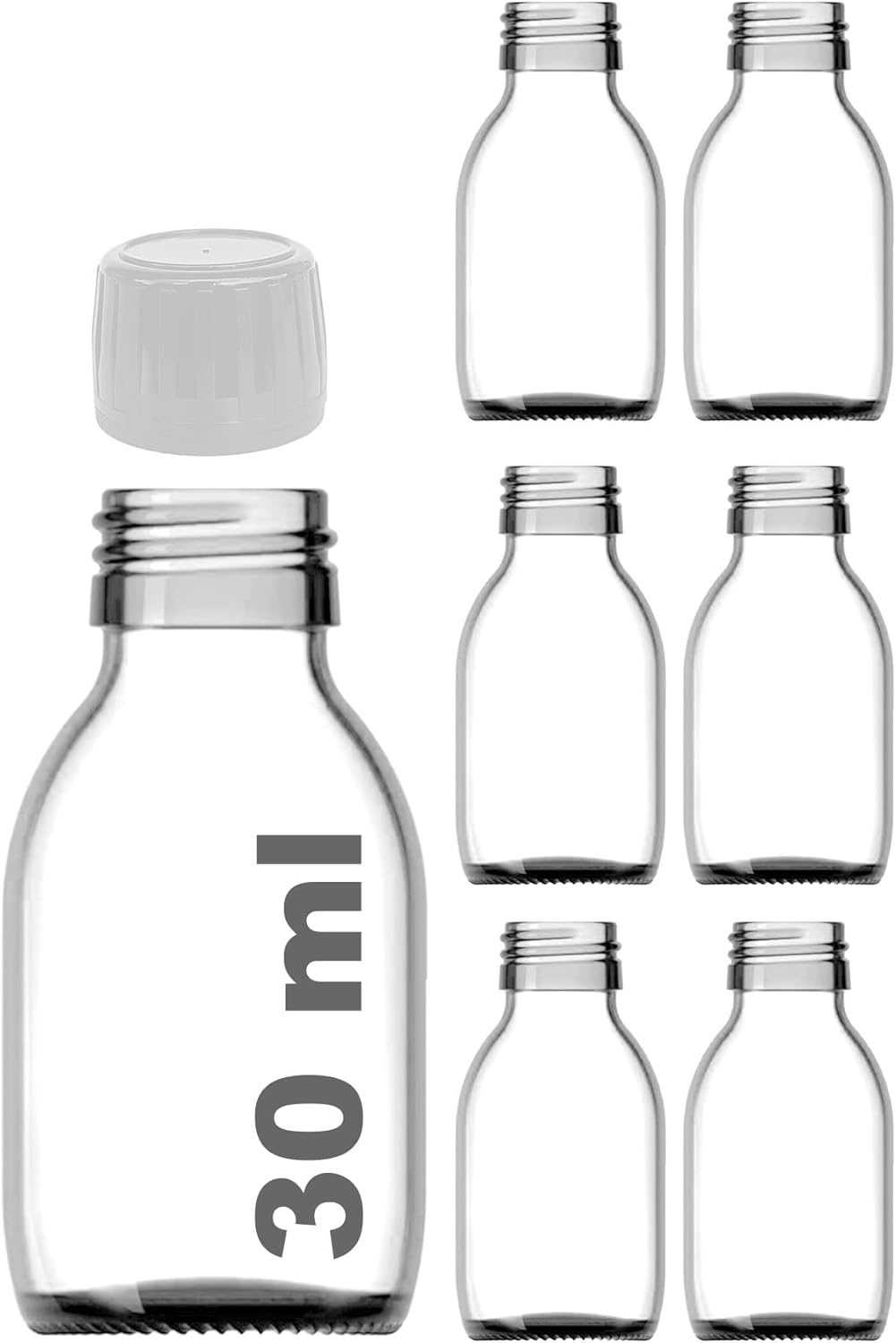 30 ml Sızdırmaz Kapaklı Şeffaf Shot Şişesi 30 Cc Ginger Şat Beyaz Cam Şişe 6 Adet (Kilitli Plastik Beyaz Kapak)