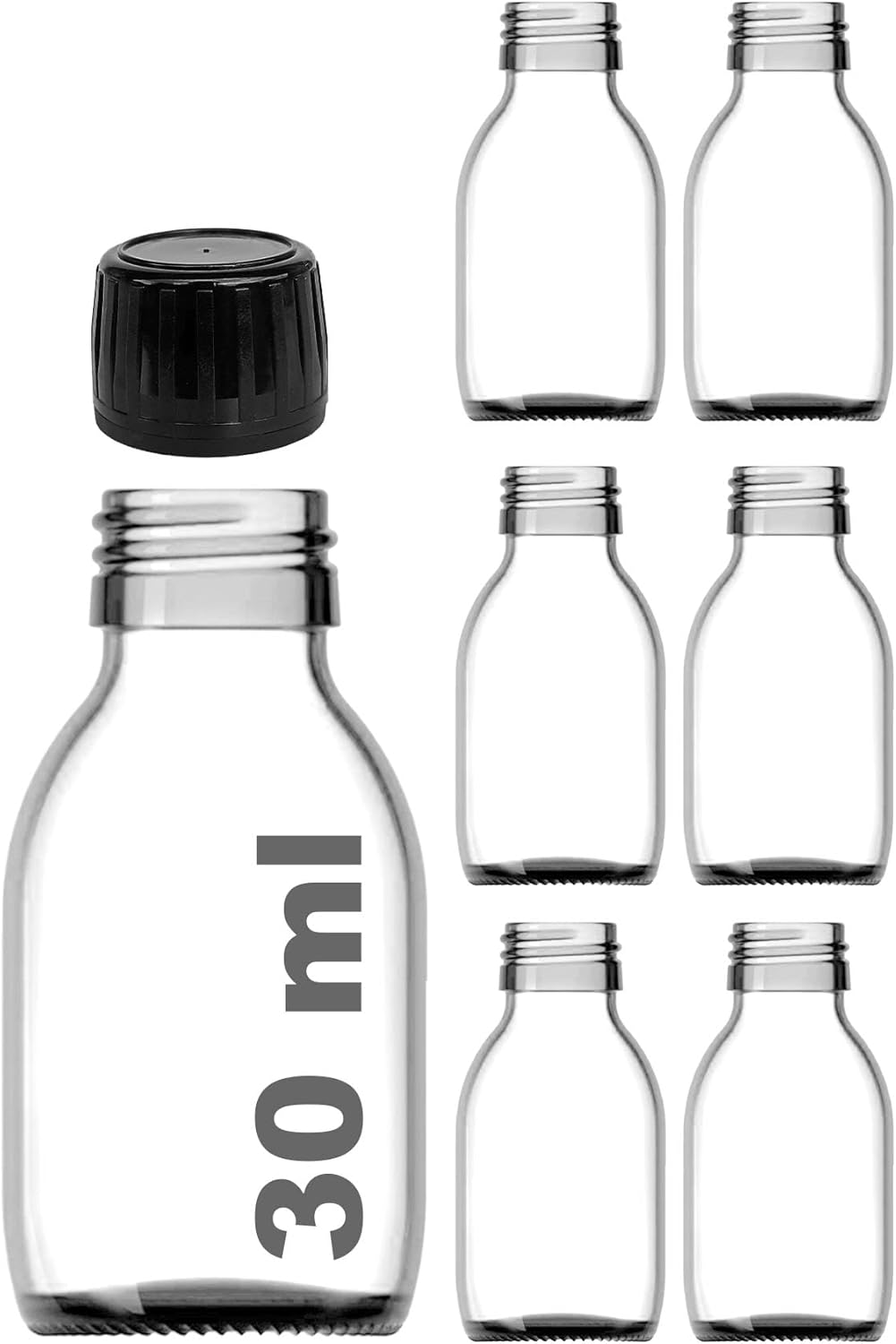 Alternative view of 30 ml Sızdırmaz Kapaklı Şeffaf Shot Şişesi 30 Cc Ginger Şat Beyaz Cam Şişe 6 Adet (Kilitli Plastik Siyah Kapak)