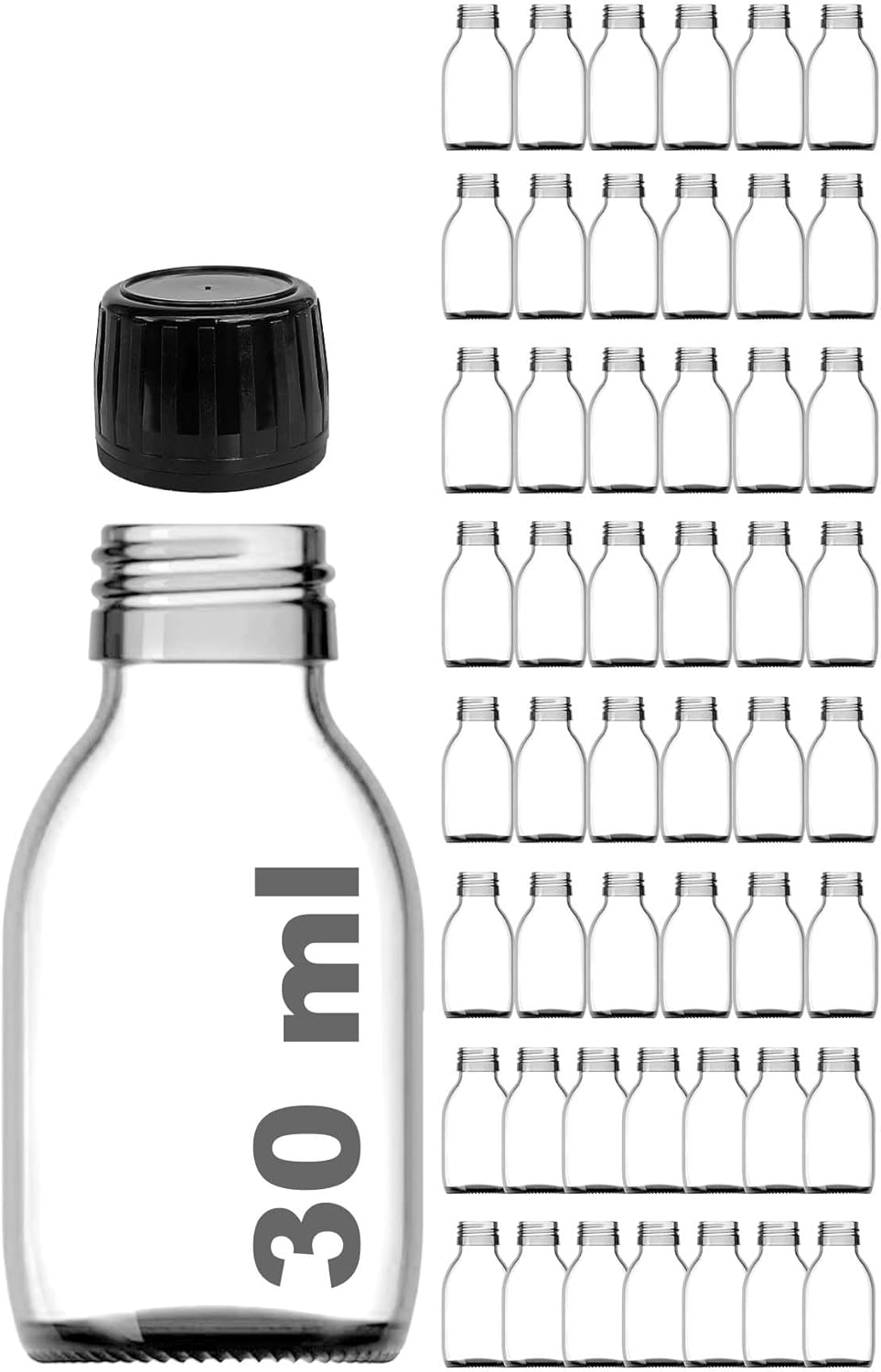 30 ml Sızdırmaz Kapaklı Şeffaf Shot Şişesi 30 Cc Ginger Şat Beyaz Cam Şişe 50 Adet (Kilitli Plastik Siyah Kapak)