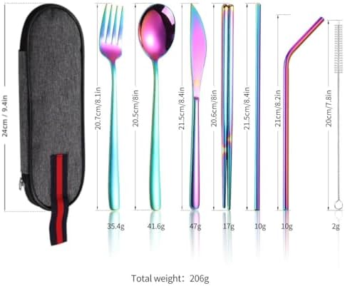 8 Parça Çantalı Yolculuk Çatal Bıçak Kaşık Pipet Chopstick Seti Kamp Okul Ofis Tatil Paslanmaz Çelik Renkli