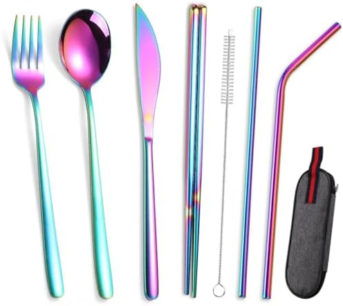 Alternative view of 8 Parça Çantalı Yolculuk Çatal Bıçak Kaşık Pipet Chopstick Seti Kamp Okul Ofis Tatil Paslanmaz Çelik Renkli