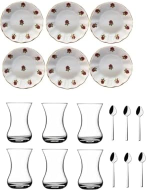 18 Parça Kırmızı Gül Acem Çay Bardağı Takımı 856656566aybabastore