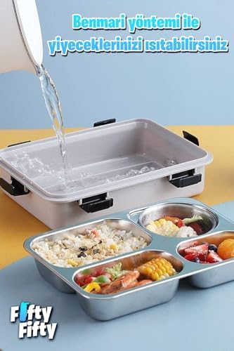 Büyük Ebat 850 ML (Paslanmaz Çelik Tek Kat Dört Bölmeli Çorba Kaseli Lunch Box Yeni Nesil Sefer Tası -FFLBOX50433