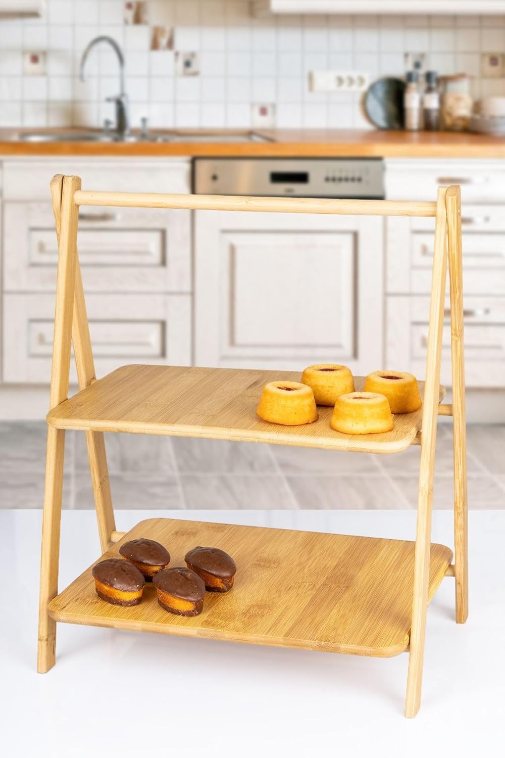 2 Katlı Dikdörtgen Bambu Servis Sunum Seti Büyük Boy, Kuru Pasta, Kurabiye ve Kek Sunumları İçin Büyük Boy (38cm-30cm-22.5cm)