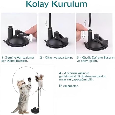 Vantuzlu Tüylü Zilli Olta Kedi Oyuncağı – 2 Oltalı, Esnek Yaylı, Avcılık İçgüdülerini Geliştiren, Kediler İçin Eğlenceli ve Dayanıklı Oyuncak